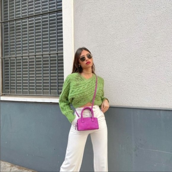 Zara Cable Knit Cropped Scarf Sweater In Green - Picture 5 of 16